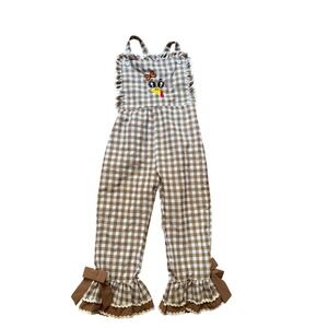 Boutique Turkey Jumpsuit Kids Brown Excellent Gingham Ruffle SIZE 4-5Y